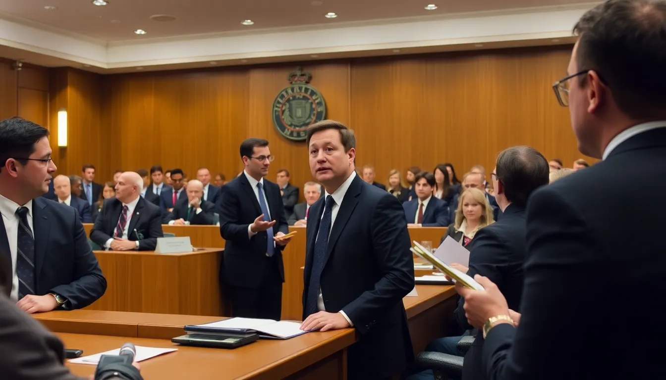 Legal teams from both sides presenting evidence and expert opinions, highlighting the complexities surrounding AI governance