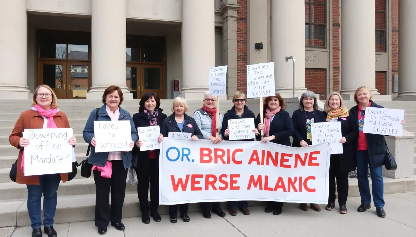 A group of employees with medical conditions gathers outside a government building, holding signs and banners to protest the C.D.C.'s inoffice work mandate.