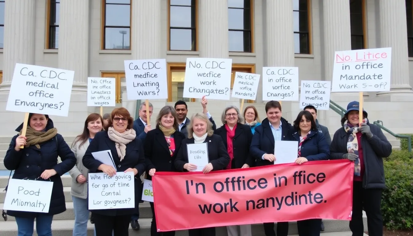 A sign calling for reevaluation of inoffice mandates is displayed prominently at a rally, emphasizing the demand for inclusive workplace policies that prioritize health and safety
