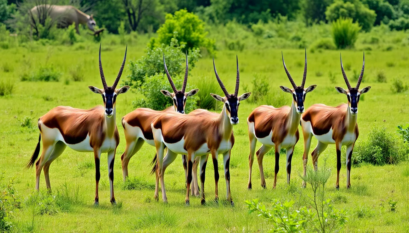 A group of Scimitarhorned oryx stands in a lush, green area of Tsavo East National Park as they are released into their native habitat after being transported from the Czech Republic.