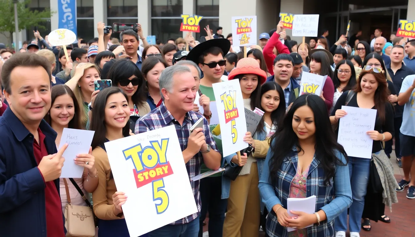 Fans eagerly gather at a promotional event to submit their questions for Tom Hanks and the Toy Story 5 cast, showcasing excitement for the upcoming film.