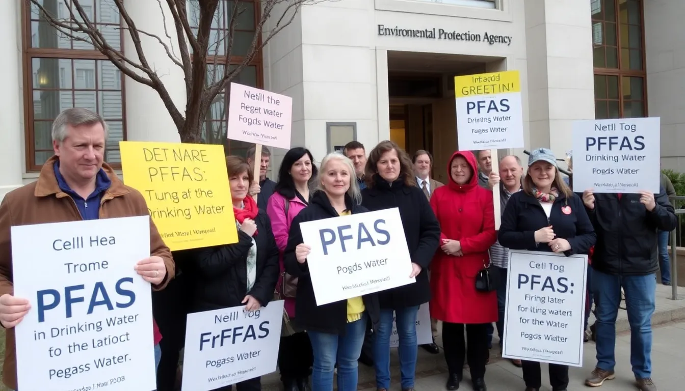 A group of concerned citizens gathers outside an Environmental Protection Agency office, holding signs advocating for stricter regulations on PFAS in drinking water.