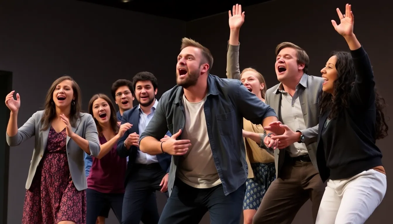 A diverse cast performs a powerful scene from Equus, highlighting the emotional intensity and psychological struggles of the characters in a contemporary theater setting.