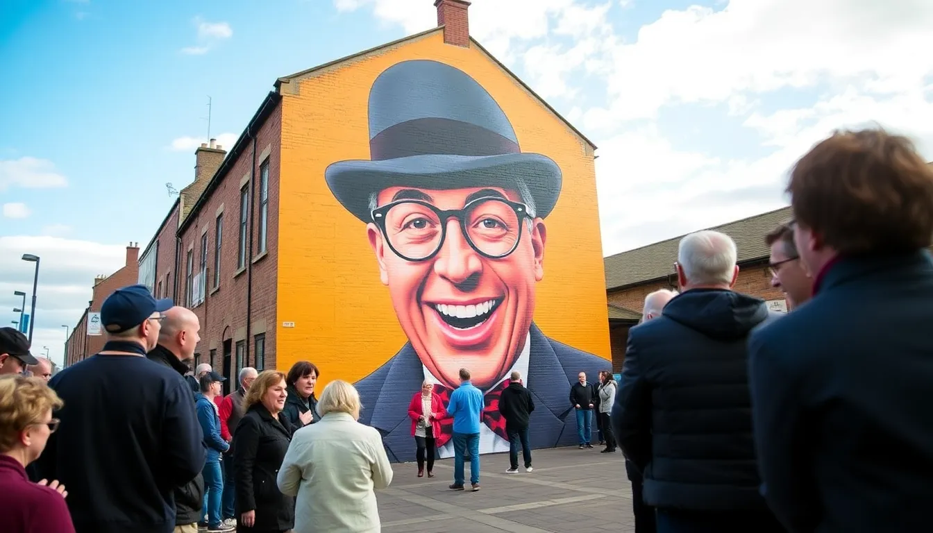 A bustling street scene in Morecambe, where locals and visitors gather to witness the unveiling of the mural dedicated to the beloved entertainer