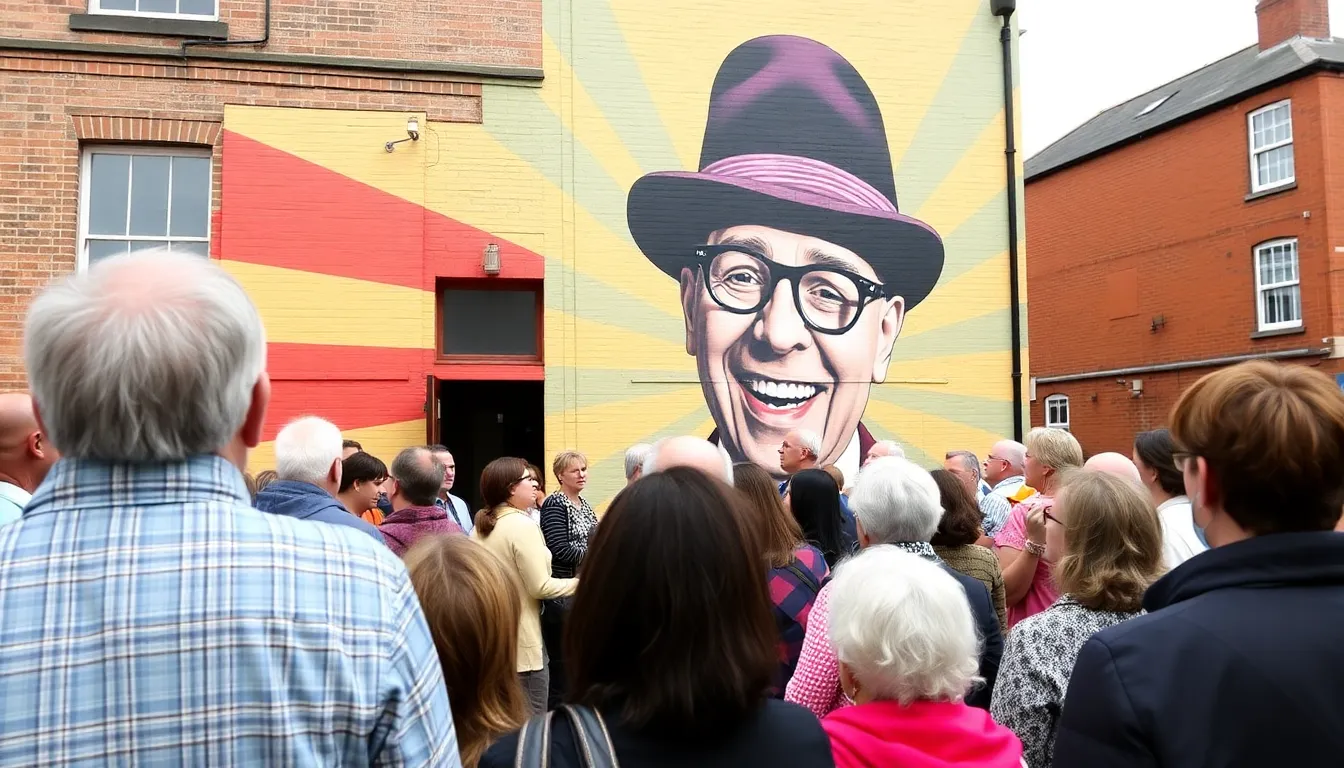 The celebratory atmosphere surrounding the mural's unveiling, highlighting the community's pride in honoring Eric Morecambe's contributions to British comedy