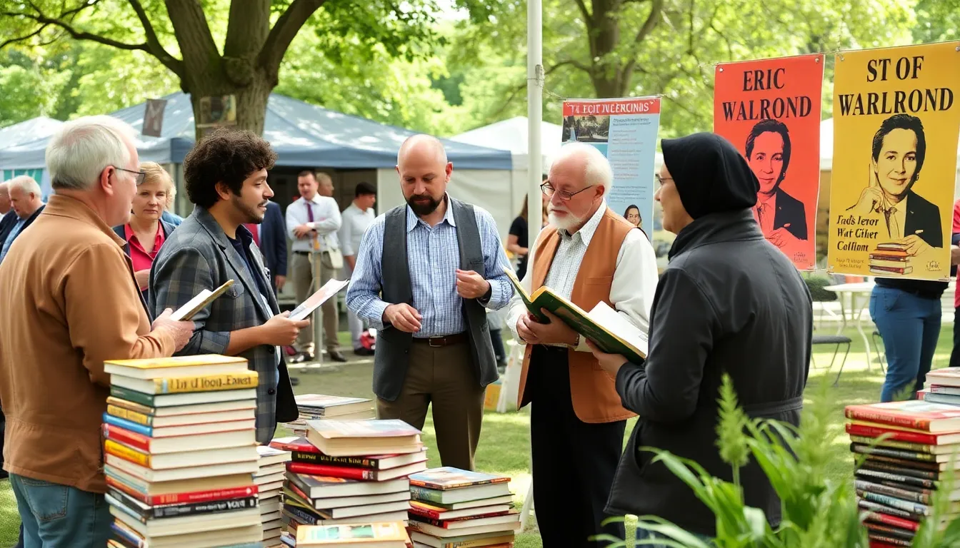A group of scholars engages in a lively discussion at a literary festival, surrounded by books and posters highlighting the works of Eric Walrond.
