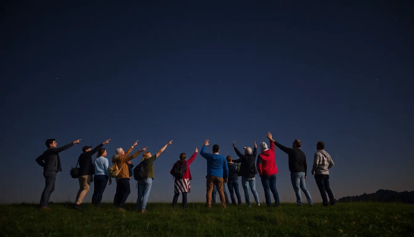 A group of stargazers gathers on a clear night, eagerly pointing towards the sky to catch a glimpse of the Eta Aquariid meteor shower as bright meteors streak across the dark canvas above.