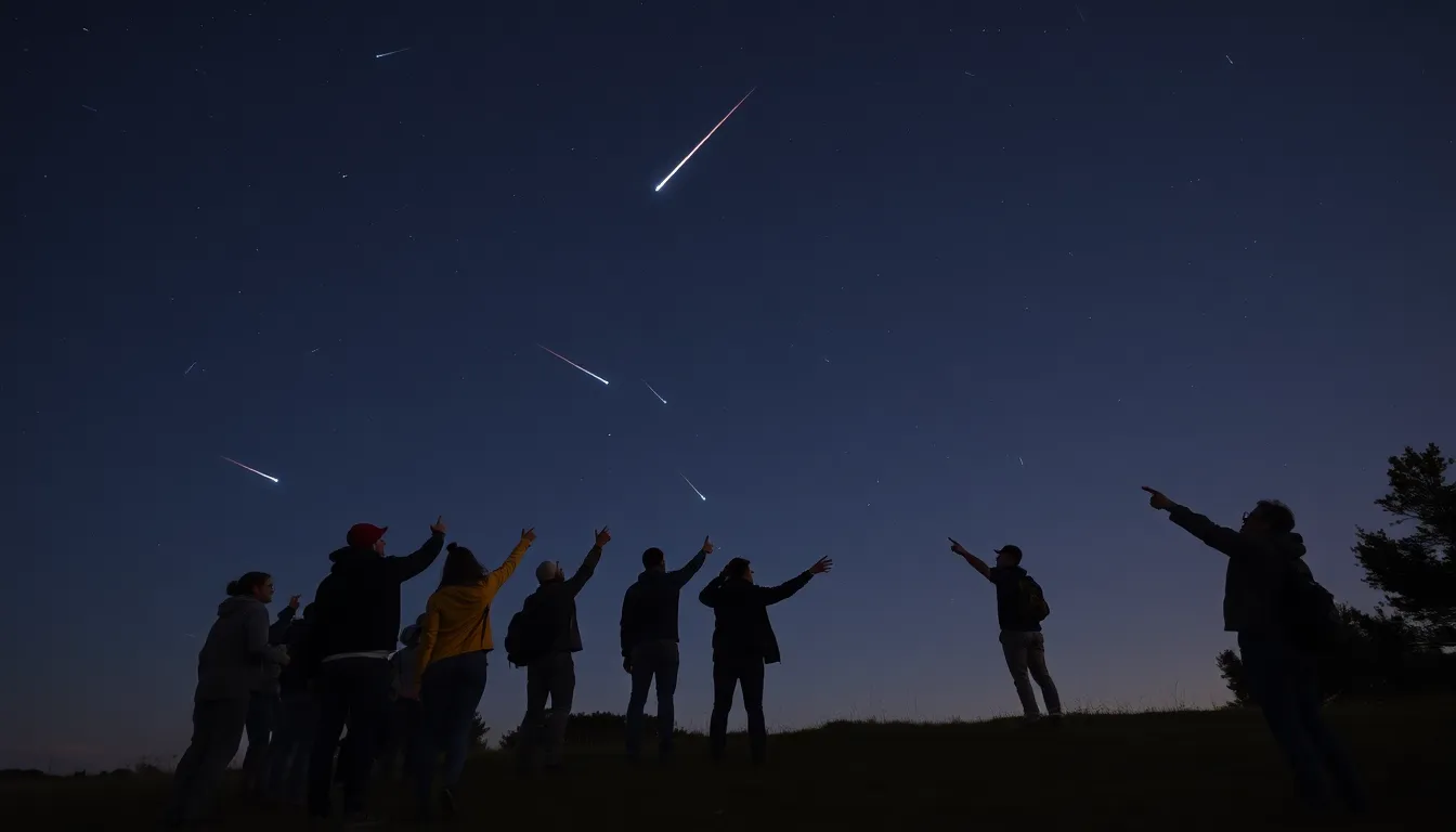 An observer gazing up at the stars, surrounded by dark, clear skies that enhance the visibility of the meteor shower