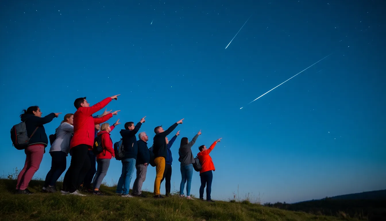 A group of amateur astronomers gathered with telescopes, excitedly discussing the significance of the Eta Aquariid meteor shower and its connection to Halley's Comet