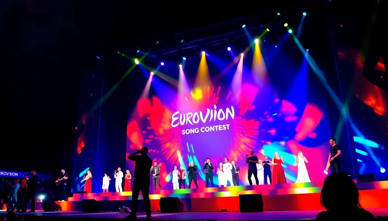 A vibrant stage is illuminated with colorful lights as performers from various countries showcase their talents during the Eurovision Song Contest in Liverpool.