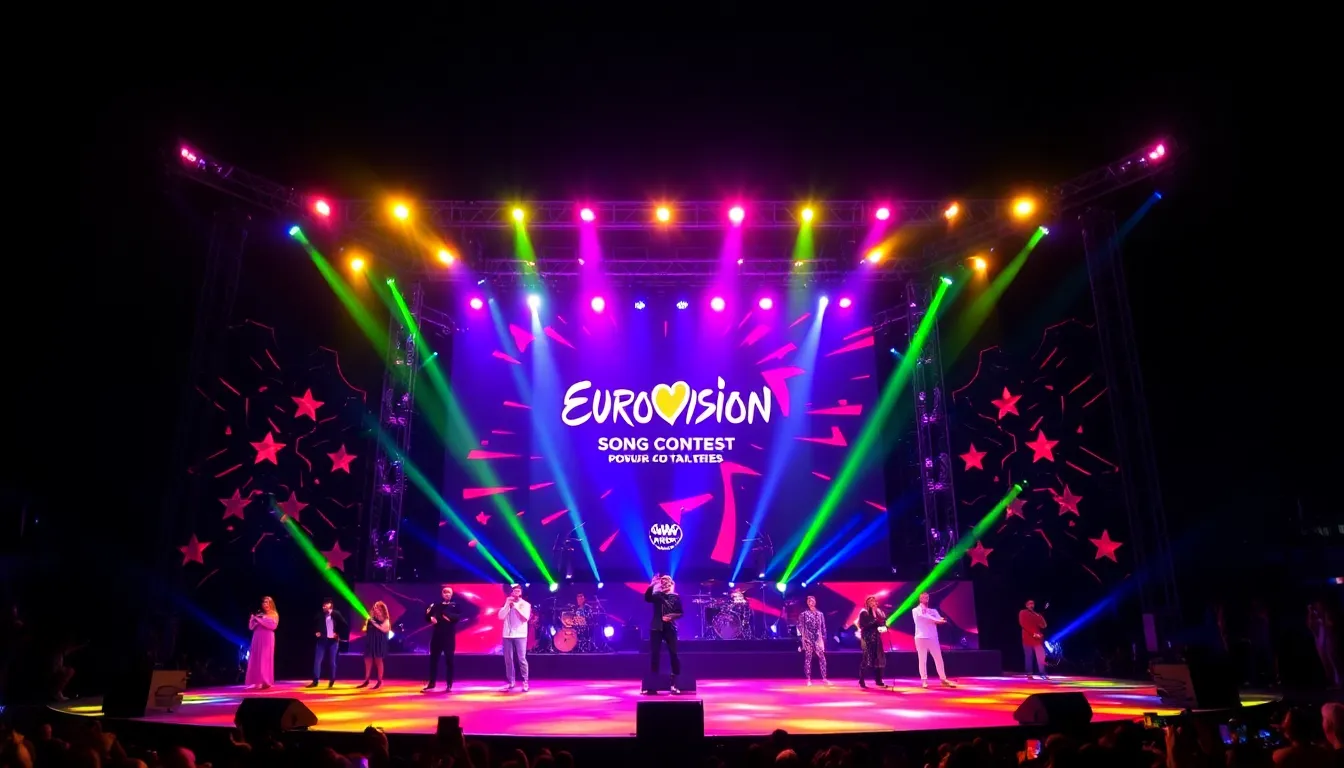 A vibrant stage adorned with colorful lights and innovative designs sets the scene for a diverse array of performances, highlighting the theme 'Lights, camera, Bangaranga'