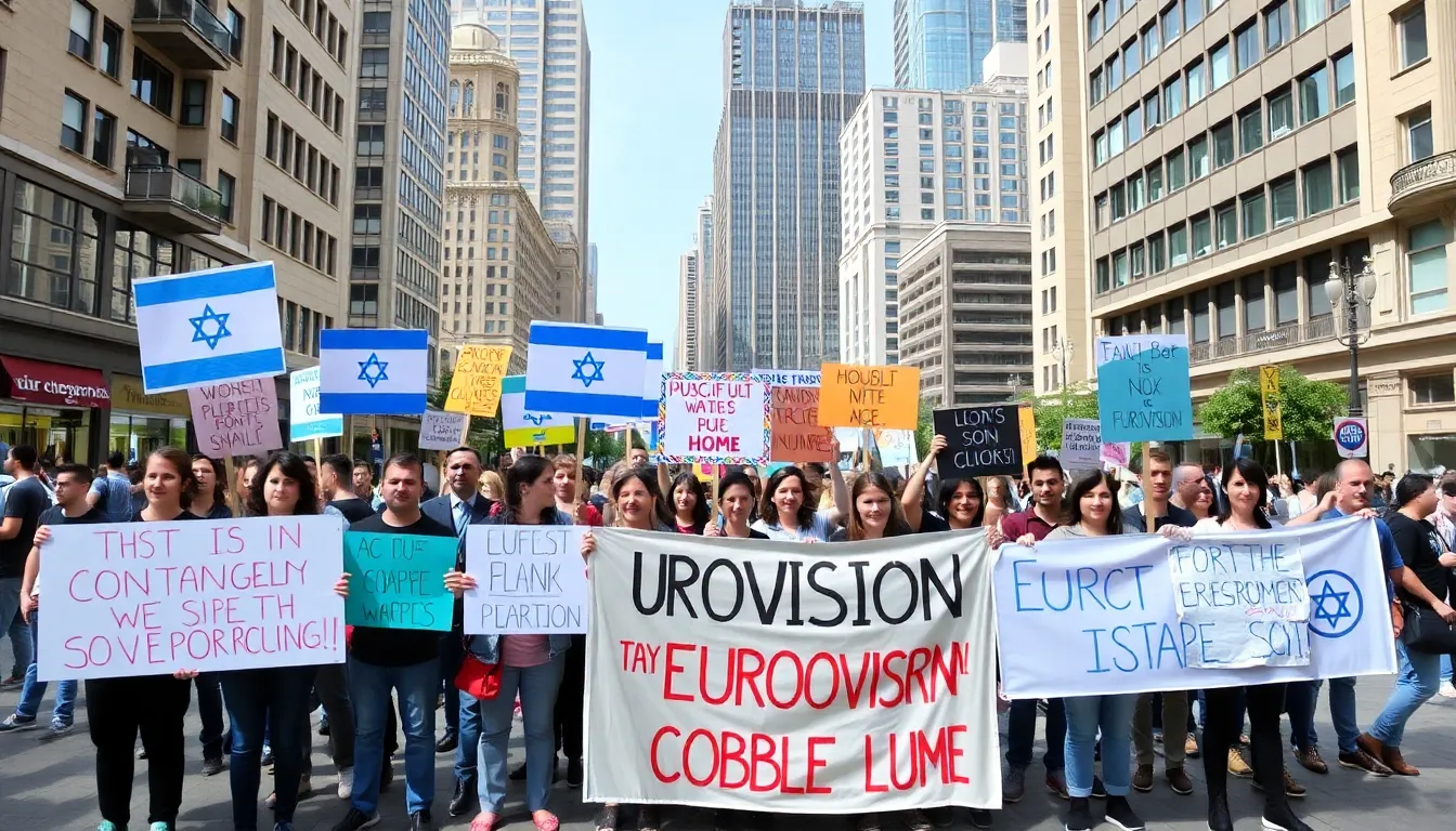 A group of artists and activists gather in a city square, holding signs and banners to protest against Eurovision being hosted in Israel, reflecting the growing tensions surrounding the event.