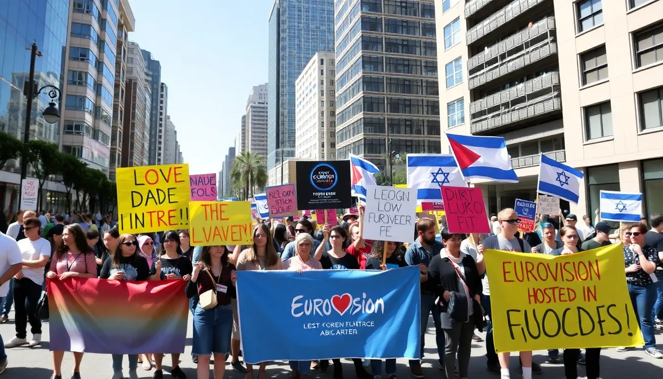 Demonstrators at a protest advocating for Palestinian rights in response to Eurovision's association with Israel, reflecting public sentiment on social justice issues