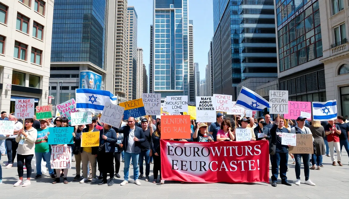 A diverse group of fans engaging in heated discussions about Eurovision's political implications, illustrating the growing divide over the event's future