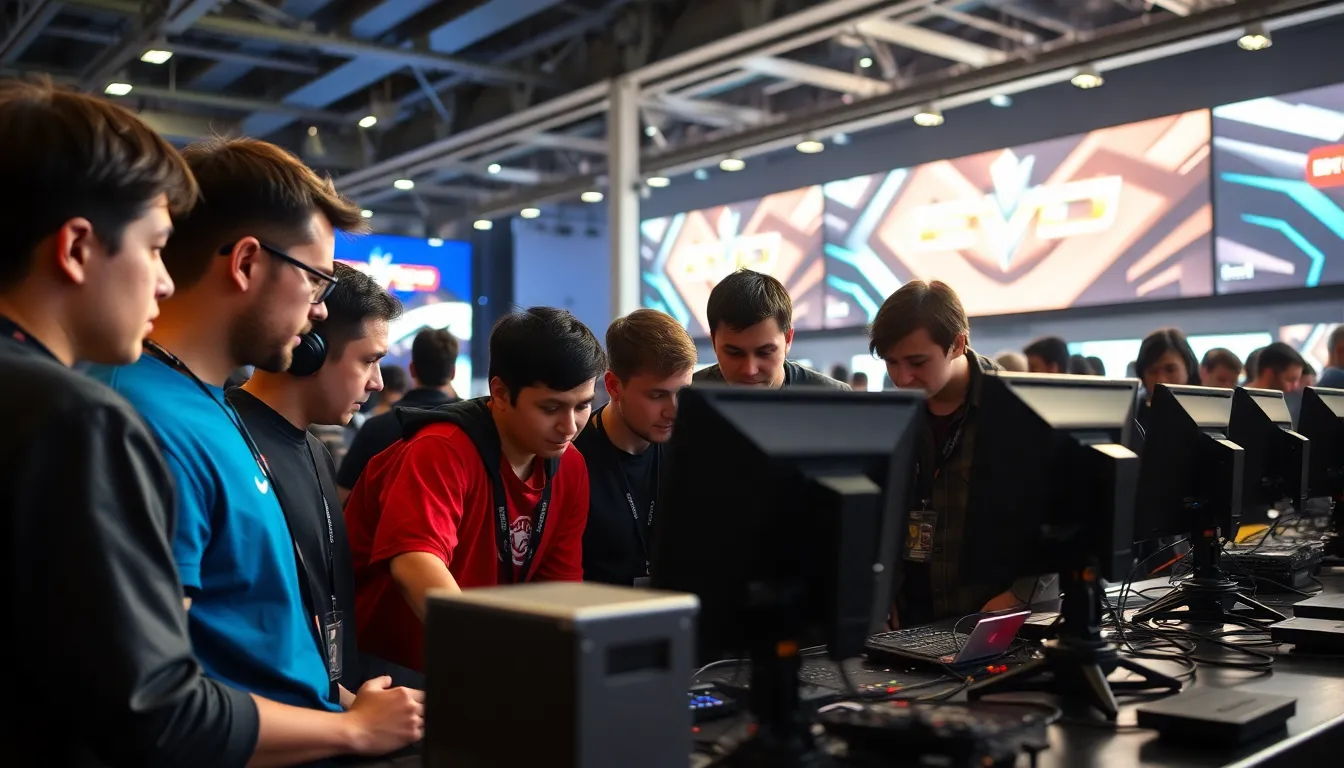 A group of competitive gamers gathers around a console setup, intensely focused on their screens as they prepare for the upcoming Evo Japan tournament amidst discussions of technical issues and organizational challenges.
