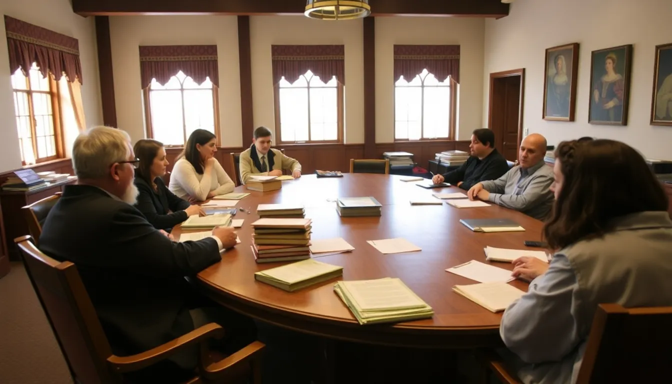 A group of historians and scholars gather around a table filled with documents and books, engaged in a lively discussion about the historical significance and portrayal of Anne Boleyn in modern media.