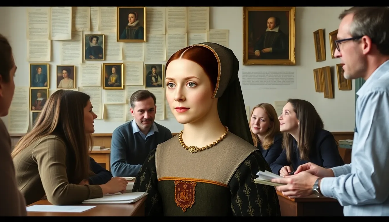 A group of historians and researchers examines a digital reconstruction of Anne Boleyn's face, surrounded by historical texts and portraits in a university setting.