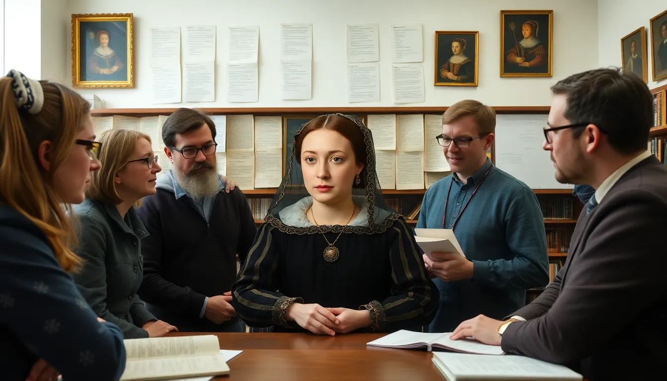 A group of historians engaged in a discussion about Anne Boleyn's legacy, highlighting the varying interpretations and debates surrounding her true likeness