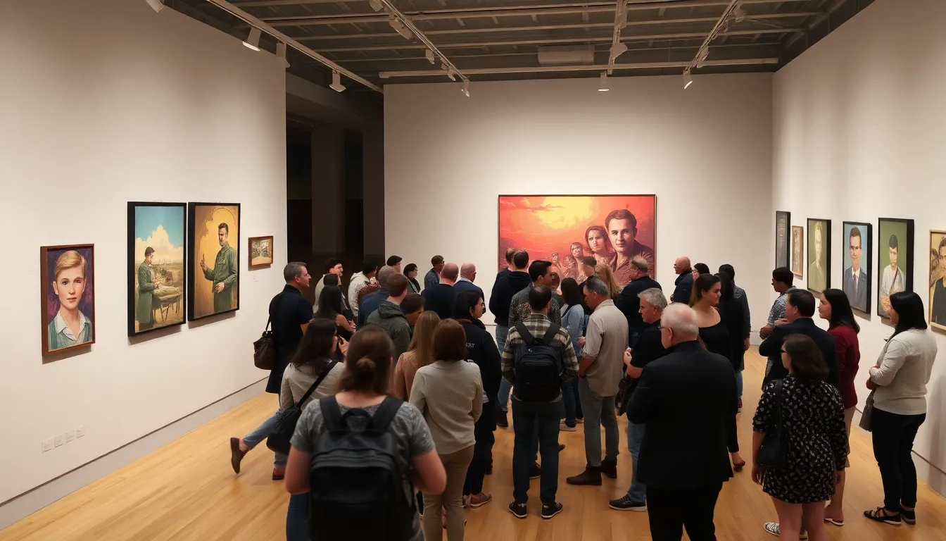 A crowd gathers at an exhibition showcasing the illustrations of Sim, the anarchist artist, highlighting the emotional impact of his work during the Spanish Civil War.
