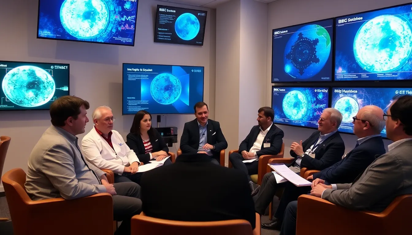 a group of scientists and journalists engaged in a lively discussion during a BBC Inside Science event, surrounded by screens displaying scientific data and visuals.