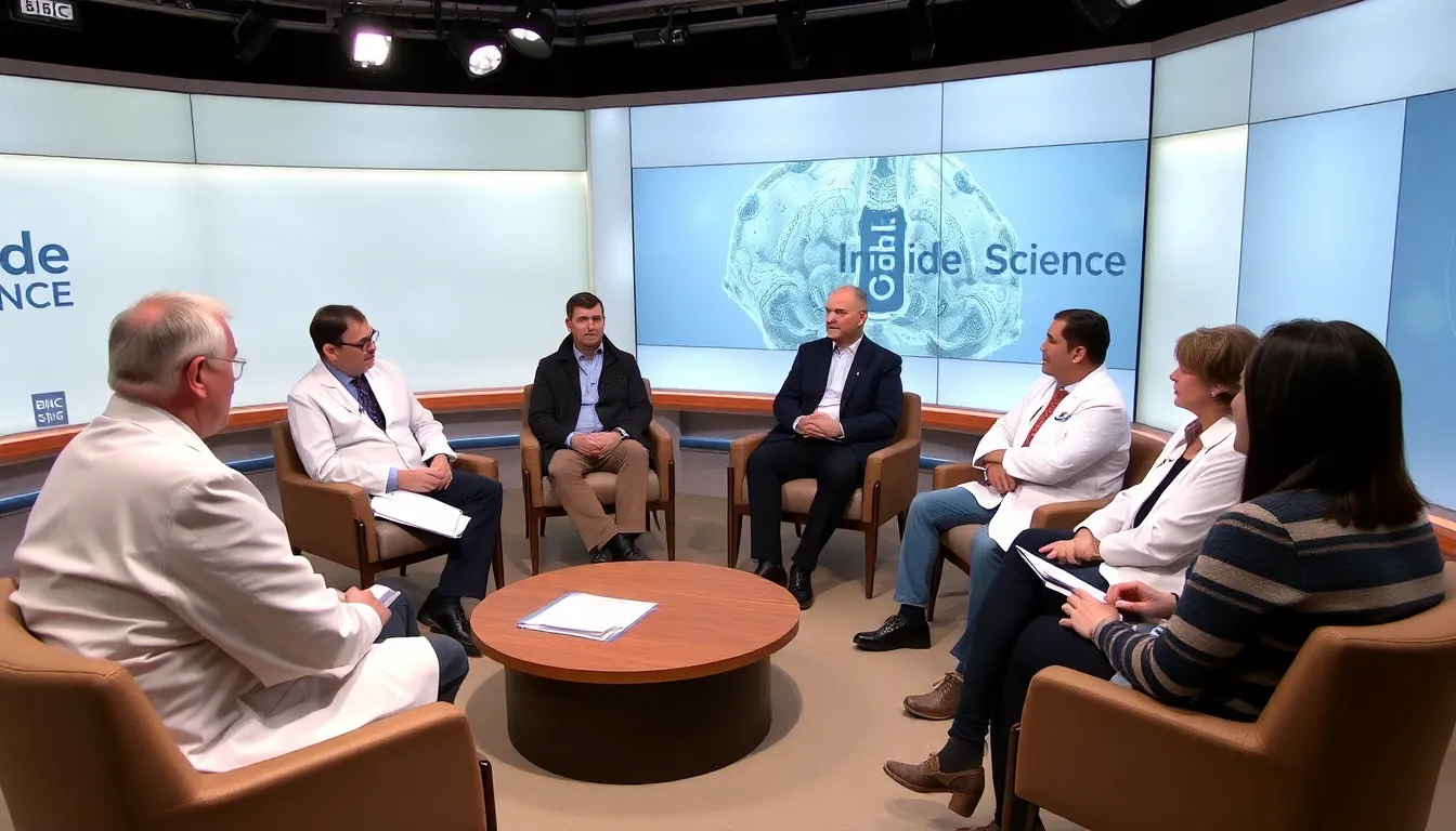 A group of scientists discusses the implications of artificial intelligence on healthcare during a live taping of BBC Inside Science.