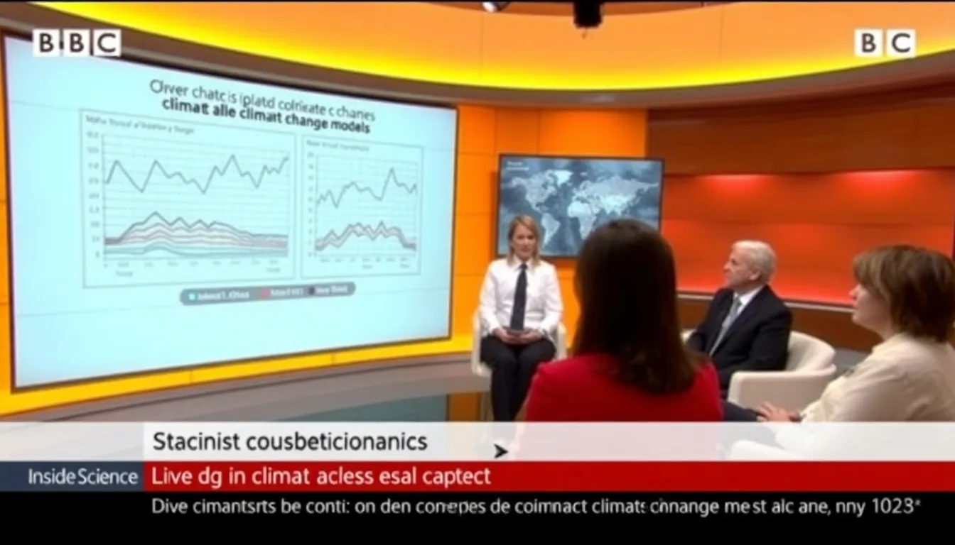 A group of scientists discusses climate change models during a live broadcast of BBC Inside Science, with charts and data displayed on screens behind them.