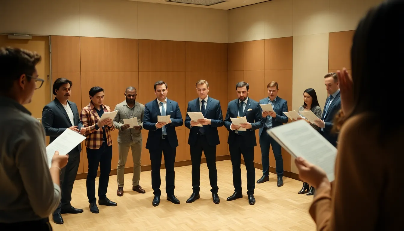 A diverse group of actors gathers at an audition venue, showcasing the new direction of the James Bond franchise as they prepare to read for the iconic role.