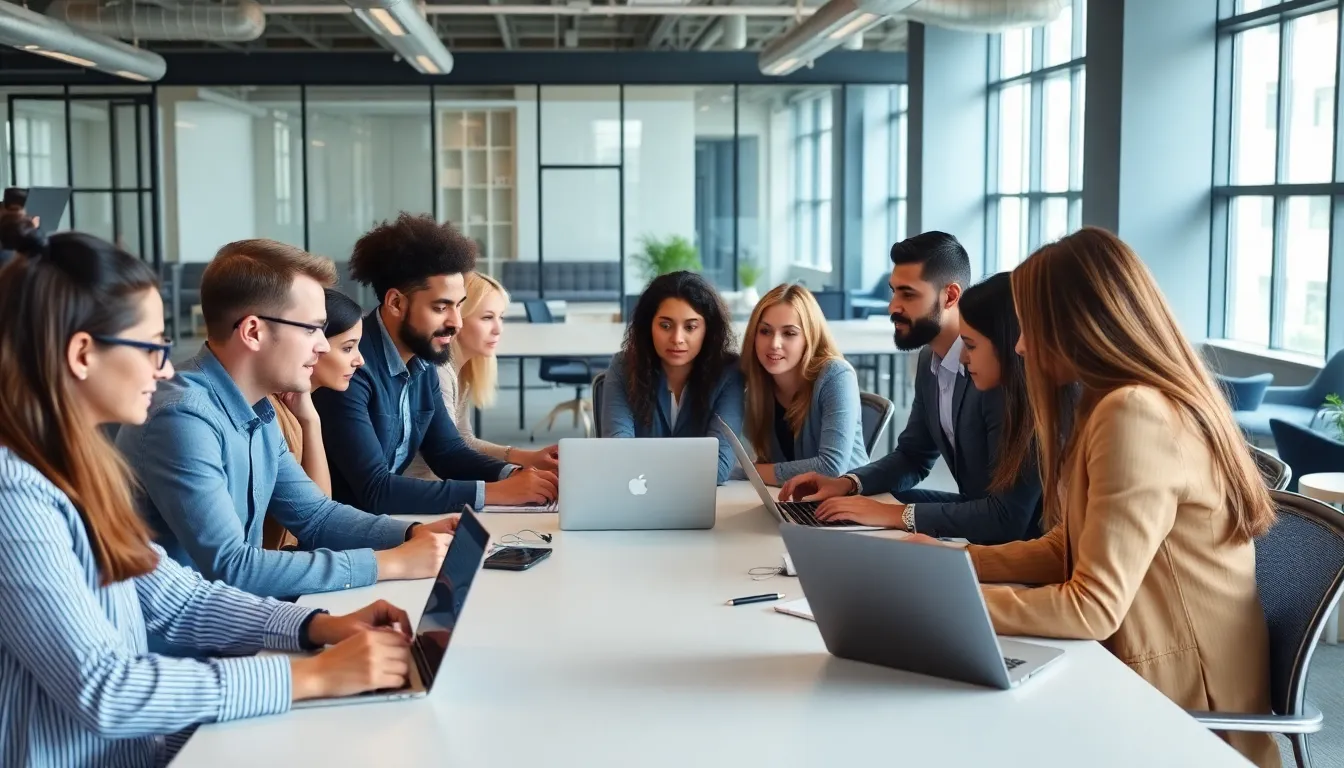 A group of professionals collaborates in a modern office space, utilizing laptops and digital tools to enhance productivity in a hybrid work environment.