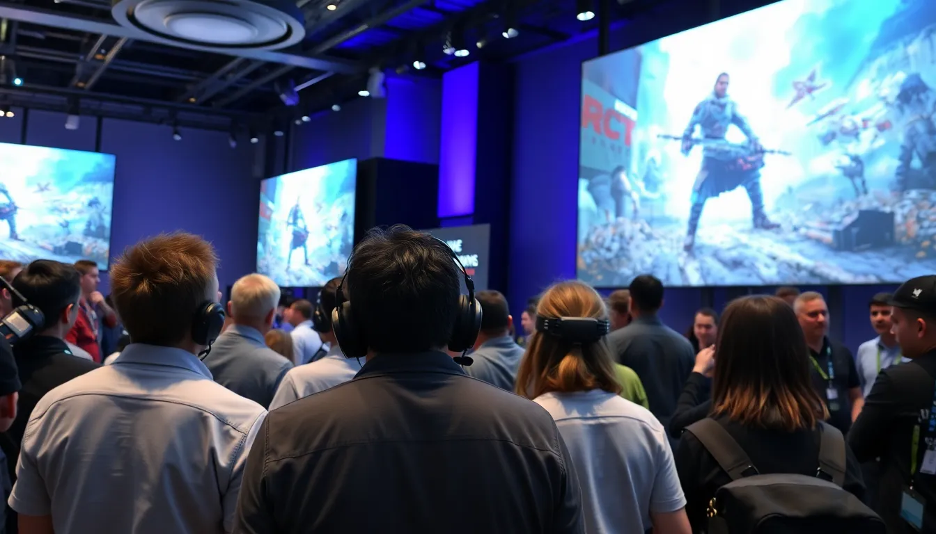 A group of game developers discusses the latest trends in game design at a conference, surrounded by screens displaying gameplay footage and attendees engaged in conversation.