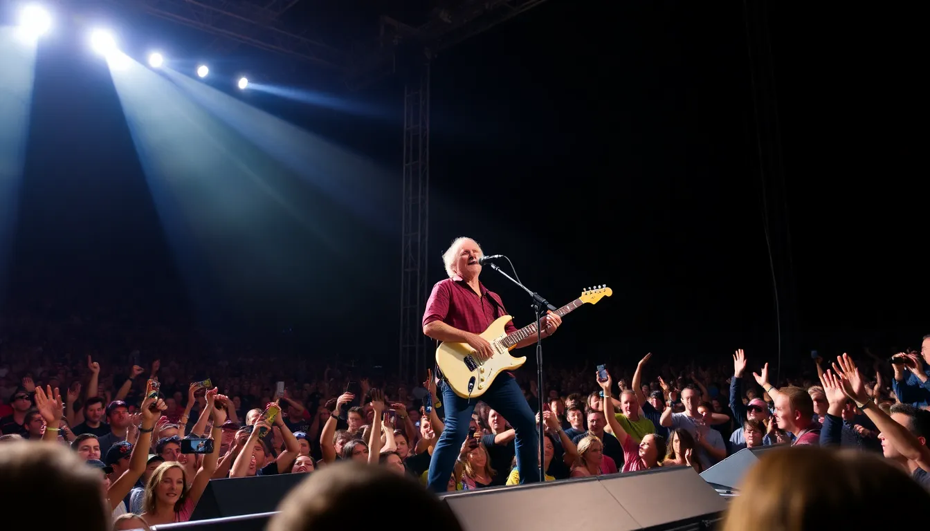 Peter Frampton performs on stage, captivating the audience with his guitar skills during a live concert celebrating his musical legacy.