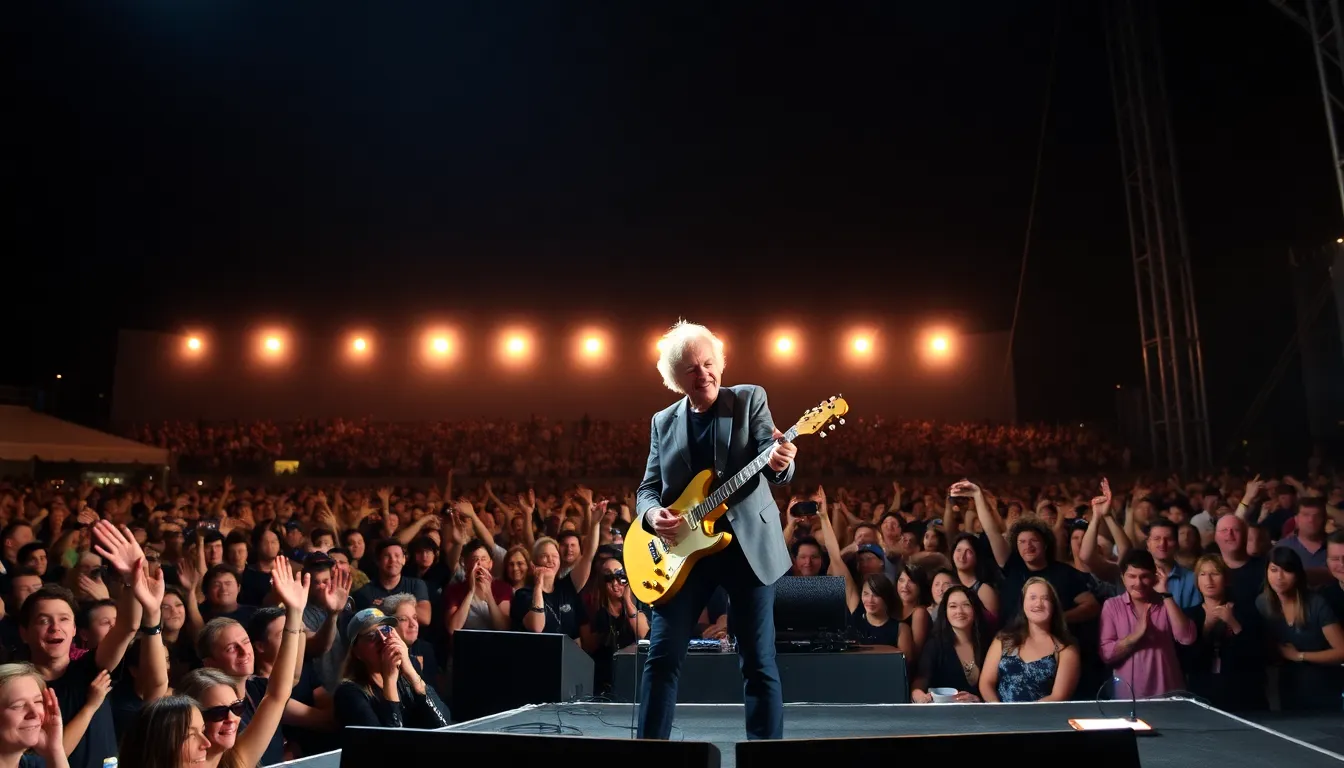A vibrant scene from one of Frampton's energetic concerts, capturing the excitement of his audience as they enjoy both classic hits and new material