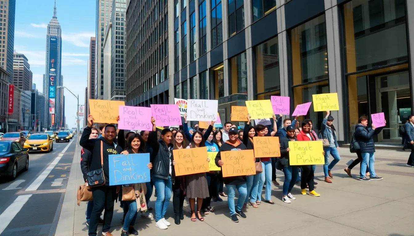 A group of excited fans gathers outside NBC's headquarters, holding signs in support of the series 'The Fall and Rise of Reggie Dinkins' after the announcement of its renewal for a second season.