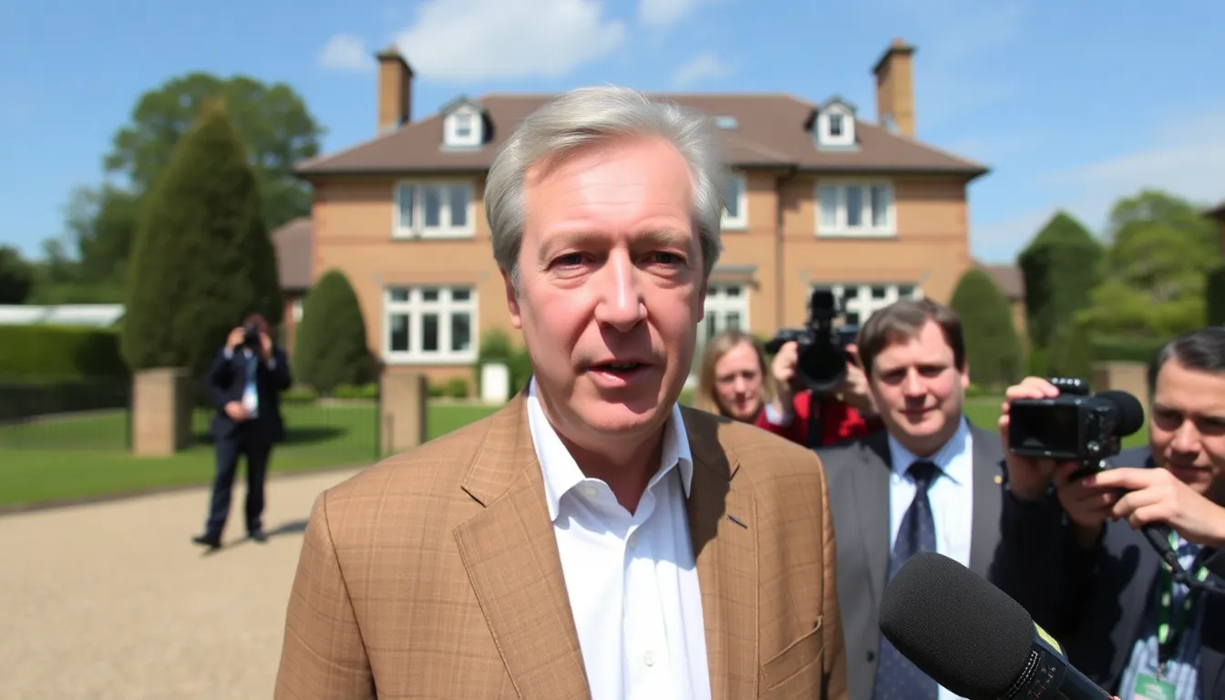 Nigel Farage stands outside one of his highvalue properties in Kent, surrounded by reporters and cameras as questions about his financial dealings arise.