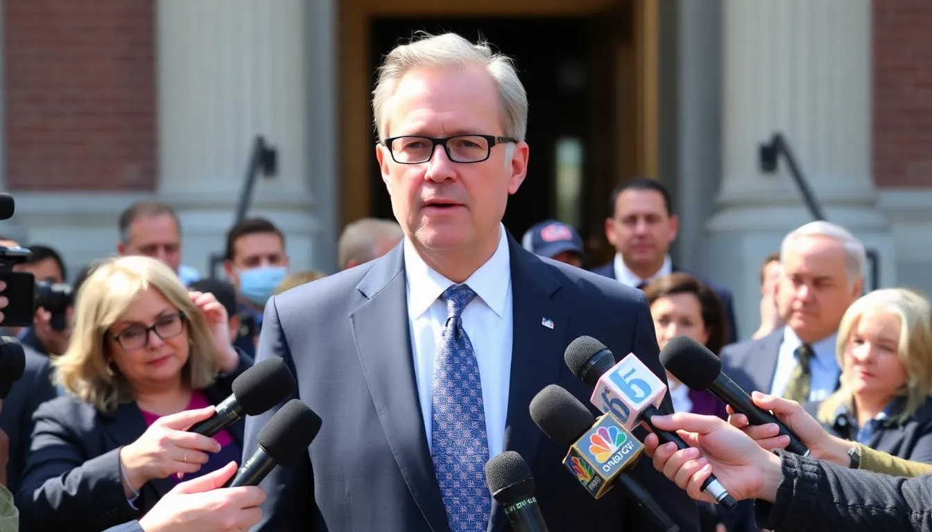 Dr. Paul Alexander, a former adviser to Dr. Anthony Fauci, stands outside a courthouse surrounded by reporters as he faces charges related to his handling of federal funds during the Covid19 pandemic.