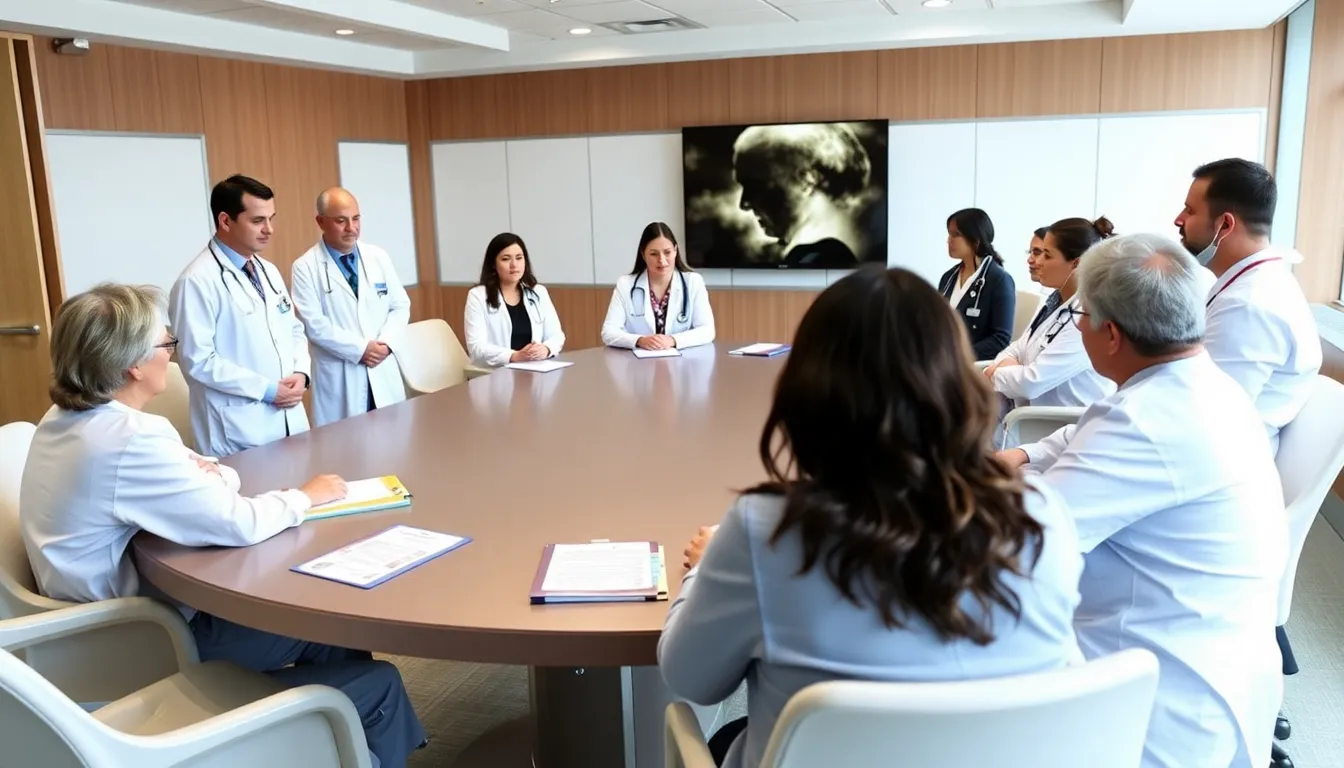 A group of healthcare professionals discusses the implications of the F.D.A.'s recent decision to grant early access to a new drug for pancreatic cancer treatment in a hospital conference room.