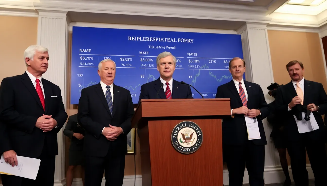 Federal Reserve officials, including Chair Jerome Powell, speak at a press conference, expressing concerns about rising inflation rates and the need for vigilant monetary policy.