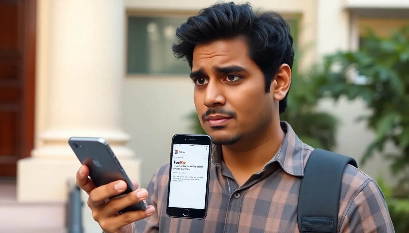 An Indian comedian stands outside a building, looking concerned while holding a smartphone displaying a suspicious message about a FedEx parcel.