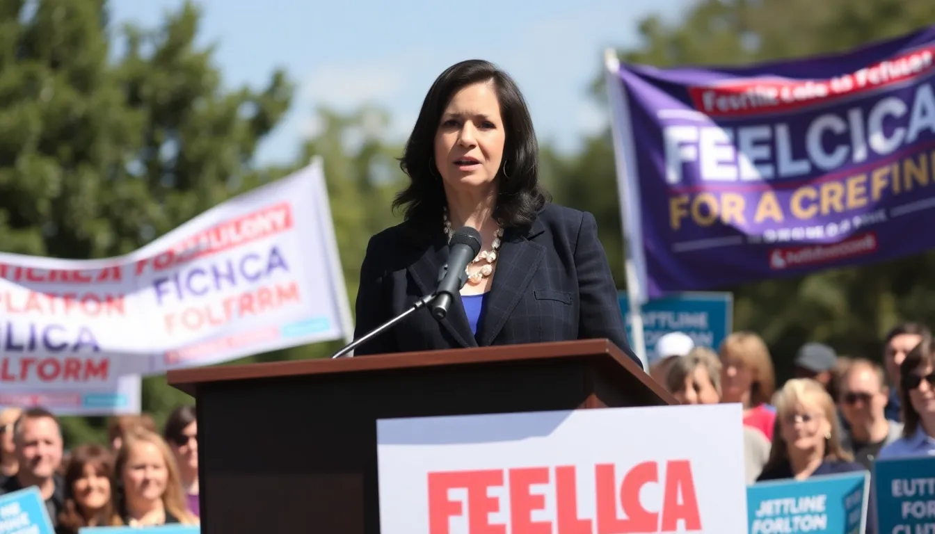 Felicia stands at a podium addressing a crowd of supporters, passionately discussing her vision for Sweden amidst banners promoting her party's platform.