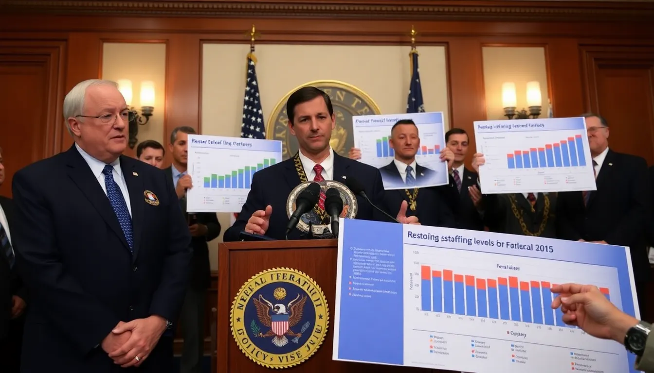 FEMA officials announce the reversal of job cuts during a press conference, highlighting the agency's commitment to restoring staffing levels for improved disaster response.