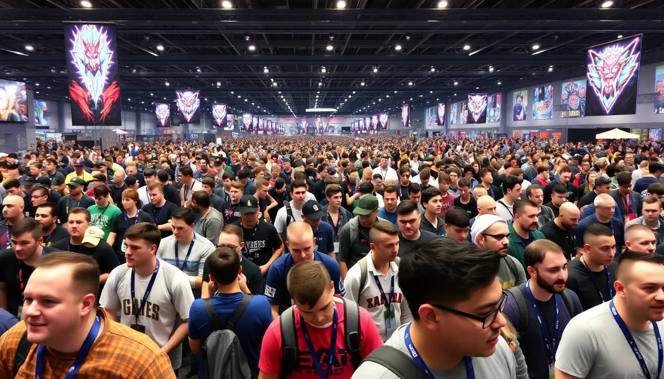 A diverse group of players and spectators gather at EVO 2023, showcasing intense competition and camaraderie in the fighting game community.
