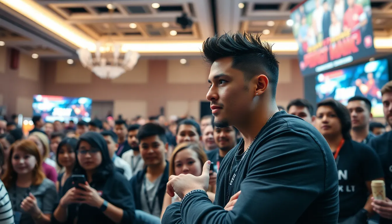 A crowd of enthusiastic fans watches intently as professional player Punk makes a controversial proposal during a streamed fighting game event, sparking lively discussions about sportsmanship and competitive conduct.
