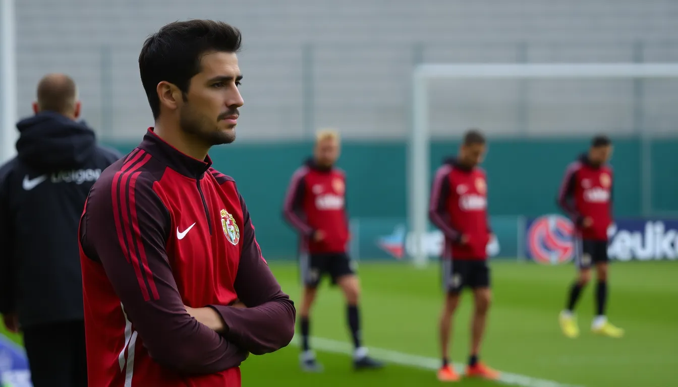 Benfica's player Prestianni stands on the sidelines during a training session, visibly affected by FIFA's recent announcement of his worldwide ban from footballrelated activities.