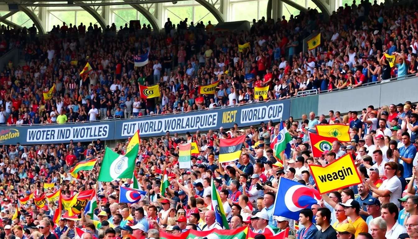 A crowded stadium filled with fans holding colorful banners and flags, eagerly awaiting the announcement of ticket prices for the upcoming World Cup final.