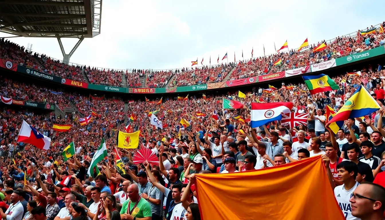 A bustling local business area near a stadium, showcasing the potential impact of high ticket prices on tourism and local economies during the World Cup