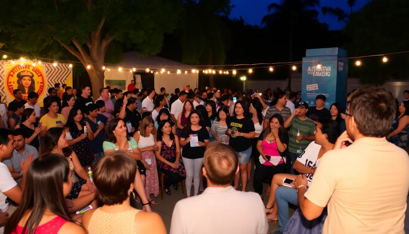 Festival attendees gather in a lively atmosphere as awards are presented for outstanding films at the Alternativa Film Festival in Medellín.