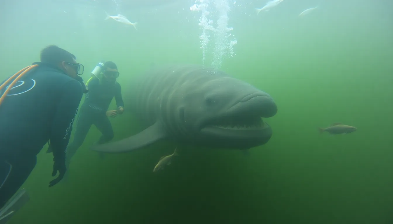 A closeup view of a fish riding on the back of a larger marine animal in dark ocean waters