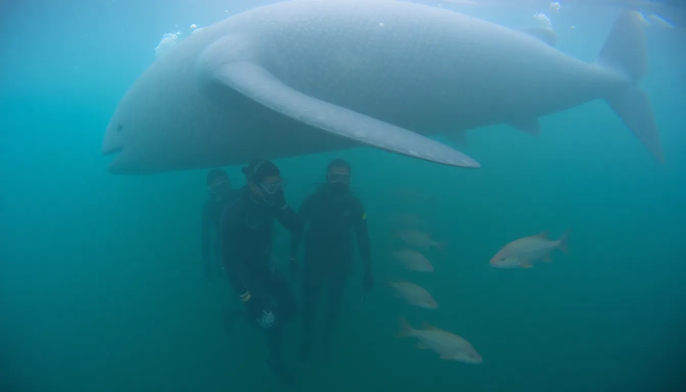 A group of researchers in wetsuits observes a larger marine animal while documenting the hitchhiking behavior of smaller fish in a murky underwater environment.