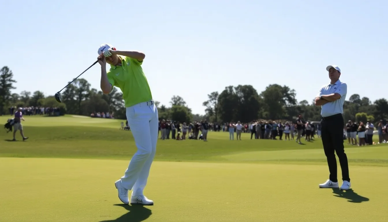 Matt Fitzpatrick confidently swings his club on the green, while Rory McIlroy looks frustrated as he prepares for his next shot, highlighting the contrasting fortunes of the two golfers during the tournament.