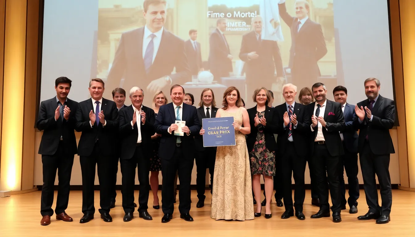 A group of filmmakers and industry leaders celebrate on stage as 'Fiume o Morte!' is announced as the winner of the Grand Prix at the International Film Critics Organization's annual ceremony.