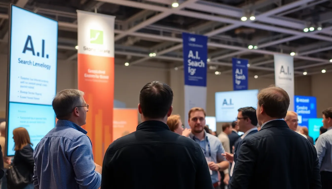 A competitive tech landscape featuring logos of major companies like Microsoft and OpenAI, illustrating the race to innovate in A.I. search technologies